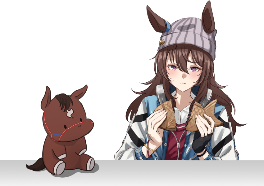 1girl, 1other, absurdres, animal, animal_ears, beanie, black_gloves, blue_jacket