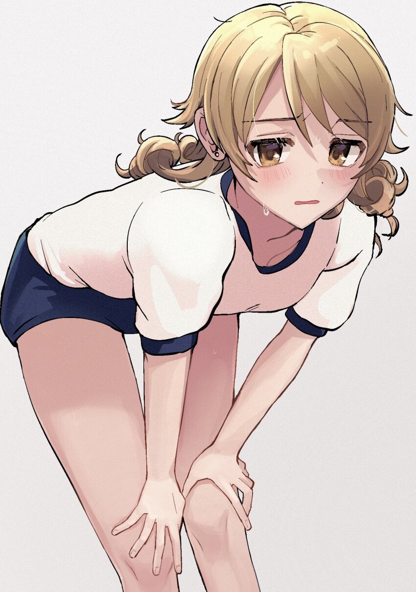 1girl, bare_legs, blue_buruma, blush, brown_hair, buruma, drill_hair, earrings