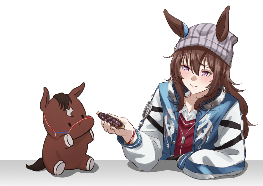 1girl, 1other, absurdres, animal, animal_ears, beanie, black_footwear, black_gloves