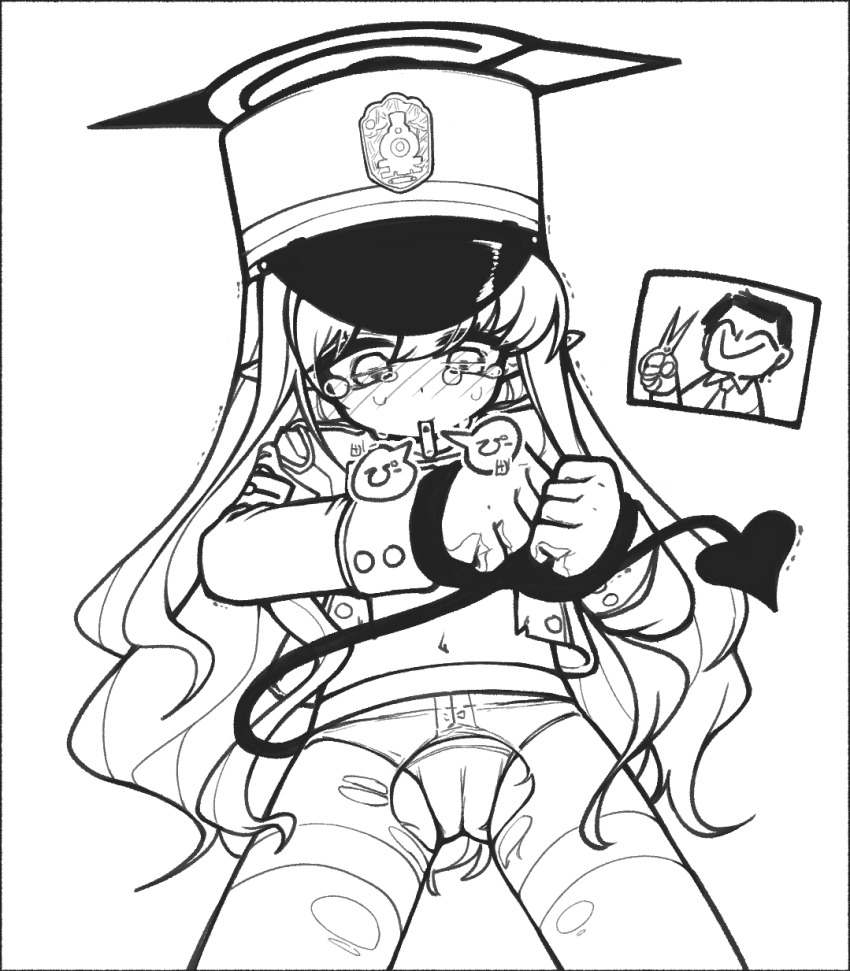 0dot001hz, 1girl, black_tail, blue_archive, demon_tail, doodle_sensei_(blue_archive), halo, hikari_(blue_archive)