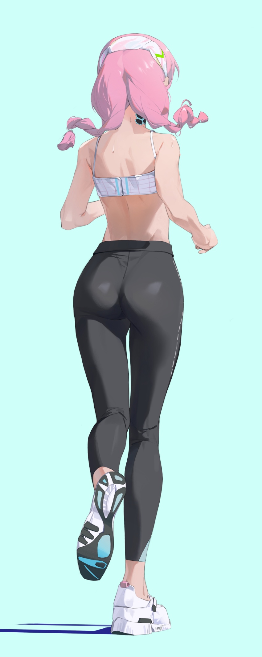 1girl, 2242592427, absurdres, arknights, ass, black_pants, blue_poison_(arknights), blue_poison_(shoal_beat)_(arknights), bra, braid, from_behind, full_body, hairband, highres, pants, pink_hair, solo, sweat, twin_braids, underwear, walking, white_bra, white_footwear, white_hairband