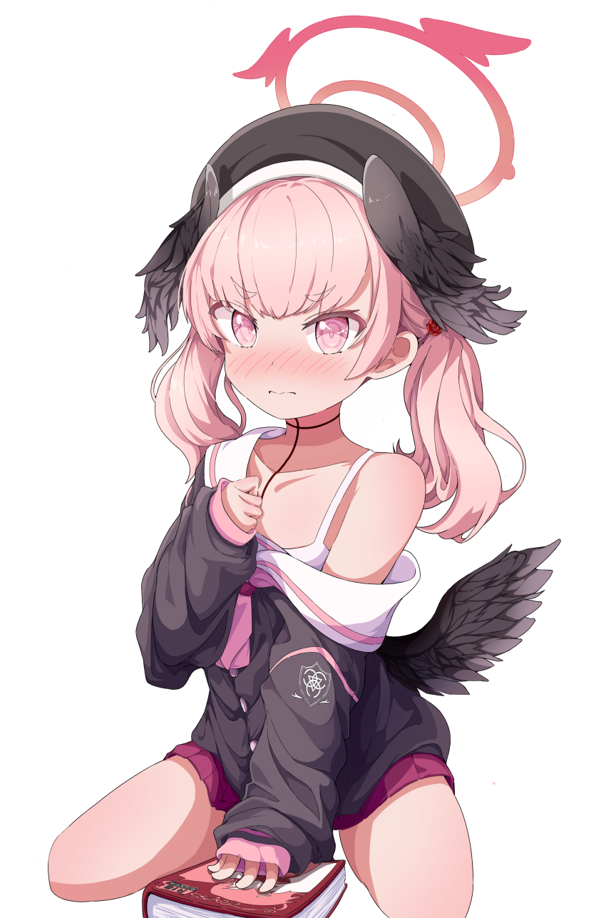 1girl, 5s0n9, absurdres, beret, black_wings, blue_archive, blush, breasts