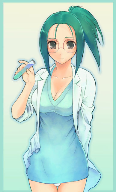 breasts, cleavage, dream_c_club, dream_c_club_(series), glasses, gradient_background, green_hair, hirokawa_tomo