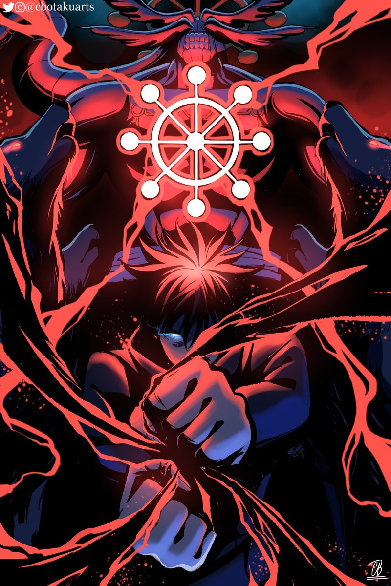 1boy, blue_eyes, cbotakuarts, commission, fighting_stance, fushiguro_megumi, glowing, glowing_eye, head_wings, highres, instagram_username, jujutsu_kaisen, mahoraga_(jujutsu_kaisen), monster, school_uniform, shikigami, signature, summoning, twitter_username, wheel_of_dharma, wings