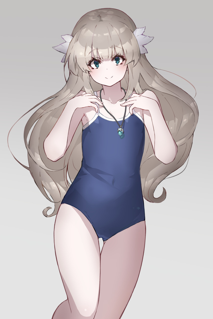1girl, blue_eyes, blue_one-piece_swimsuit, blush, ender_lilies_quietus_of_the_knights, flat_chest, grey_hair, hair_ornament