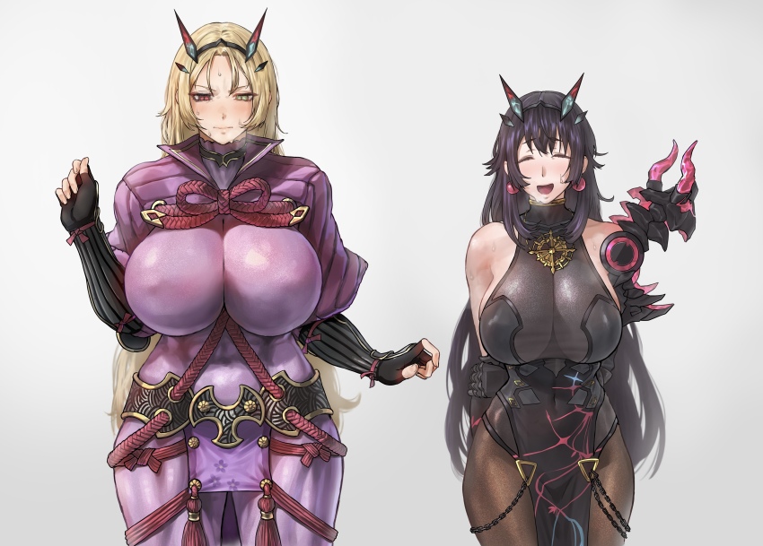 2girls, 94579813, absurdres, alternate_hairstyle, armor, arms_behind_back, barghest_(fate), barghest_(fate)_(cosplay), barghest_(second_ascension)_(fate), blonde_hair, blush, bodysuit, breasts, closed_eyes, cosplay, costume_switch, covered_abs, earrings, embarrassed, fate/grand_order, fate_(series), fingerless_gloves, gloves, green_eyes, grey_background, heavy_breathing, heterochromia, highres, huge_breasts, jewelry, large_breasts, long_hair, minamoto_no_raikou_(fate), minamoto_no_raikou_(fate)_(cosplay), multiple_girls, navel, pauldrons, purple_bodysuit, red_eyes, rope, see-through_clothes, shoulder_armor, simple_background, single_pauldron, slit_pupils, sweat, tiara, toned, tonko_from, vambraces, wide_hips