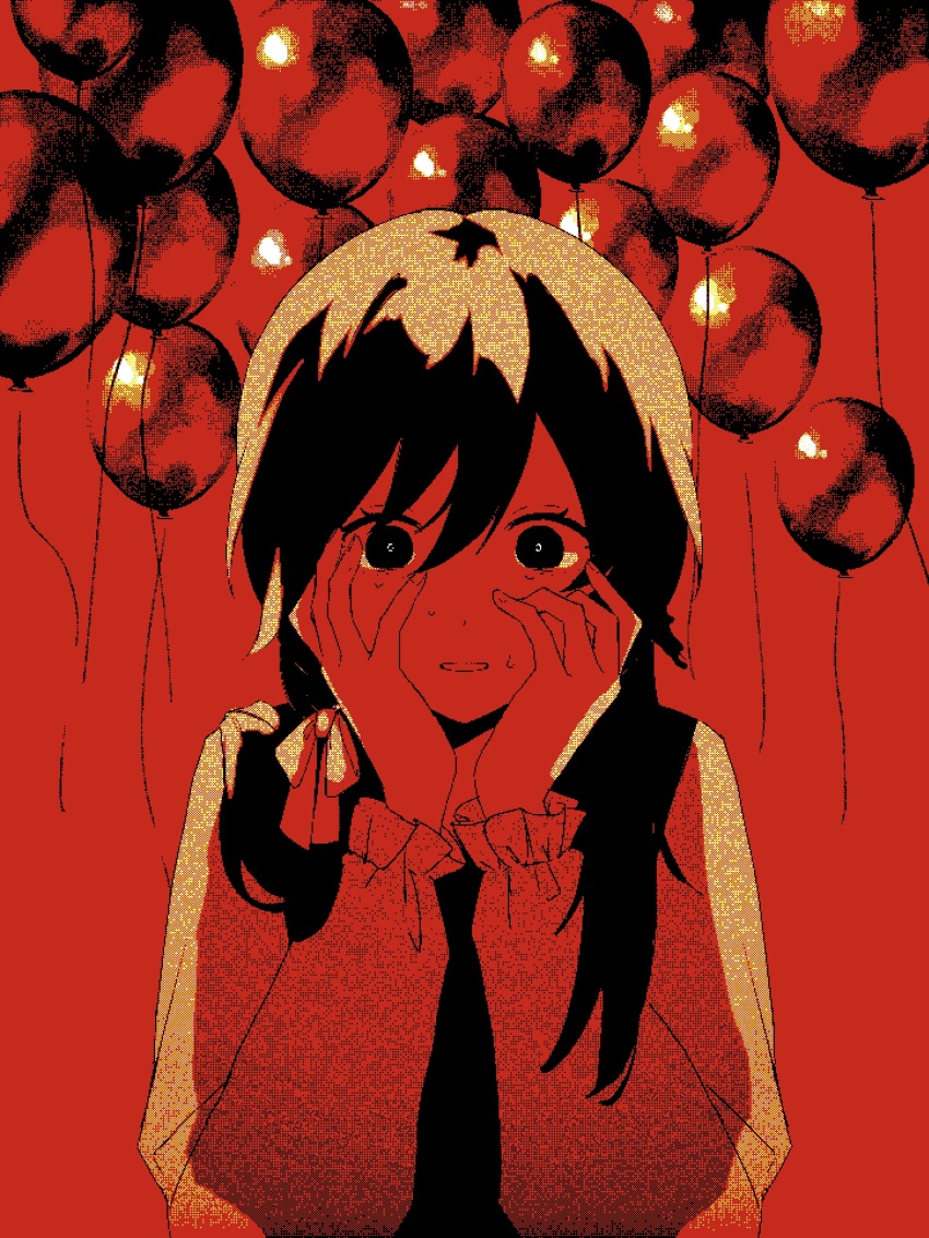 1girl, absurdres, apricot_(vocaloid), balloon, dithering, hair_half_undone, hair_over_shoulder, hair_ribbon