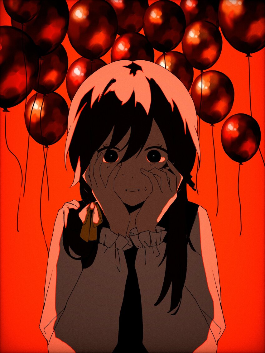 1girl, absurdres, apricot_(vocaloid), backlighting, balloon, black_vest, bright_pupils, commentary_request