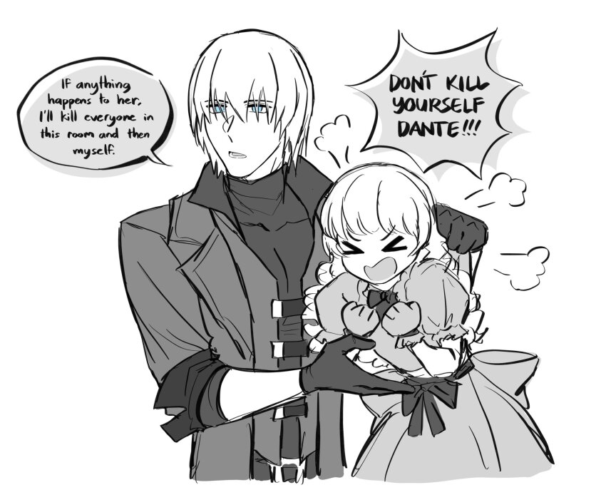 1boy, 1girl, apron, black_gloves, bow, child, clothes_grab, coat