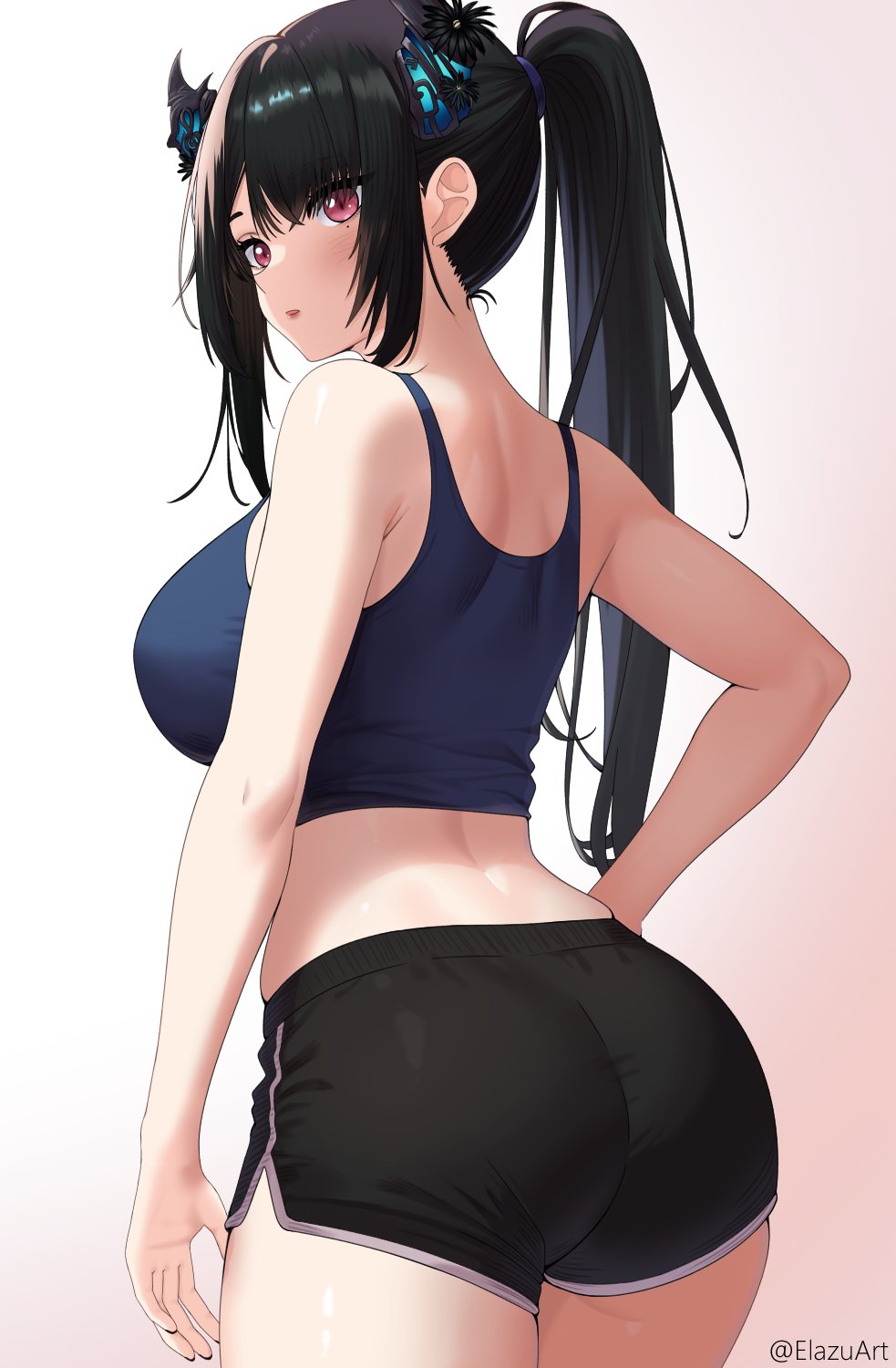 1girl, alternate_hairstyle, ass, asymmetrical_horns, black_hair, black_nails, black_shorts, blue_hair, blue_sports_bra, breasts, colored_inner_hair, commentary, demon_horns, dolphin_shorts, elazu, english_commentary, from_behind, hand_on_own_hip, highres, hololive, hololive_english, horns, large_breasts, long_hair, looking_at_viewer, looking_back, mole, mole_under_eye, multicolored_hair, nerissa_ravencroft, ponytail, red_eyes, shorts, sidelocks, simple_background, solo, sports_bra, virtual_youtuber