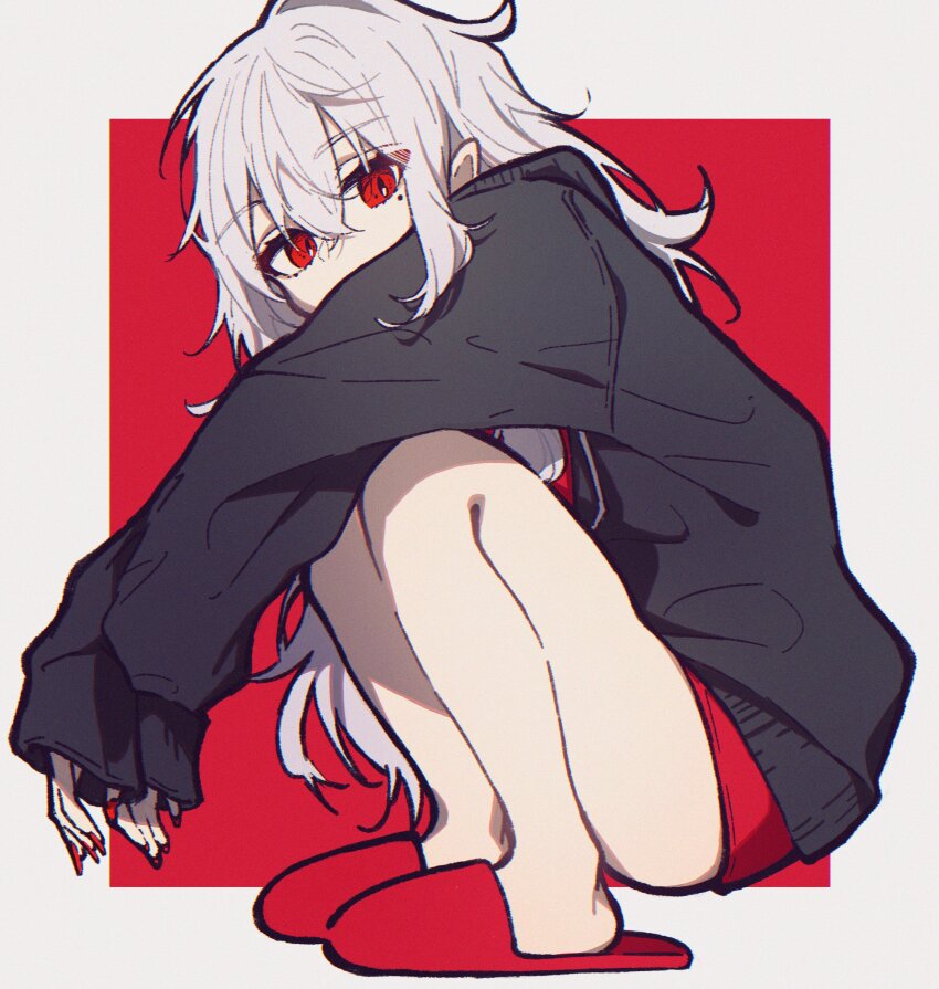 1girl, absurdres, aitekku, arms_on_knees, black_jacket, border, covered_mouth, fingernails, genderswap, genderswap_(mtf), grey_border, grey_hair, hair_between_eyes, highres, jacket, kuzuha_(nijisanji), long_fingernails, long_hair, long_sleeves, looking_at_viewer, mole, mole_under_eye, nijisanji, outside_border, pointy_ears, red_background, red_eyes, red_nails, sandals, sanya_(2nd_costume)_(nijisanji), sanya_(nijisanji), sleeves_past_wrists, solo, squatting, virtual_youtuber