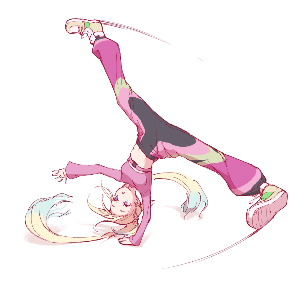 1girl, :o, baggy_pants, blonde_hair, blue_eyes, blue_hair, breasts, colored_tips, floating_hair, flower, full_body, green_footwear, hair_flower, hair_ornament, handstand, lao_ren_xing, light_blue_hair, link!_like!_love_live!, long_hair, long_sleeves, love_live!, medium_breasts, midriff, motion_lines, multicolored_hair, multicolored_pants, official_alternate_costume, one_arm_handstand, open_mouth, osawa_rurino, osawa_rurino_(winter_training_wear), pants, pink_flower, pink_shirt, shadow, shirt, solo, speed_lines, spinning, training, twintails, two-tone_footwear, virtual_youtuber, white_background, white_flower, white_footwear, wide_sleeves