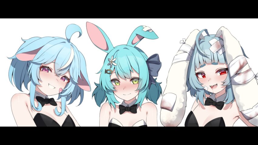 3girls, :3, :d, @_@, ahoge, alternate_costume, animal_ears, bandages