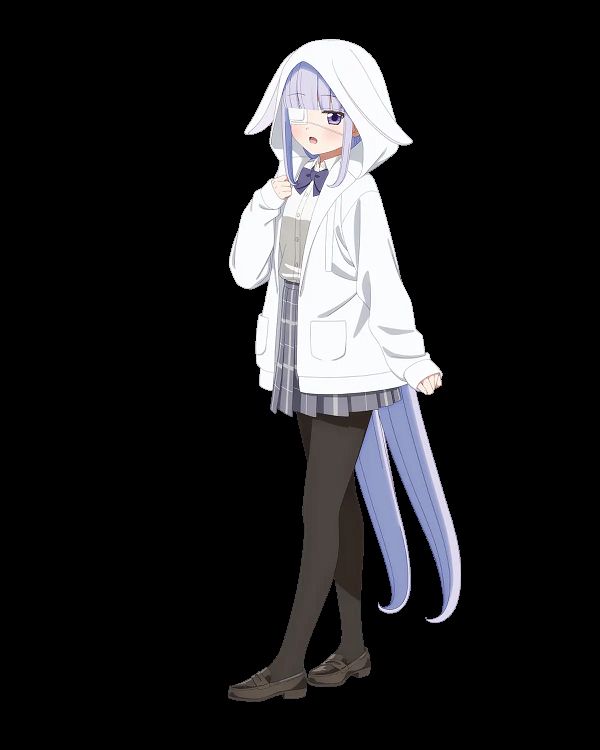 1girl, black_pantyhose, black_socks, blush, eyepatch, grey_skirt, hood, hood_up, hooded_sweater, lilishka_(tenshitsuki), loafers, long_hair, looking_at_viewer, one_room_hiatari_futsuu_tenshi-tsuki, open_mouth, pantyhose, patch, purple_eyes, purple_hair, rabbit_ears, school_uniform, shirt, shoes, skirt, socks, solo, sweater, tongue, transparent_background, very_long_hair, white_shirt, white_sweater