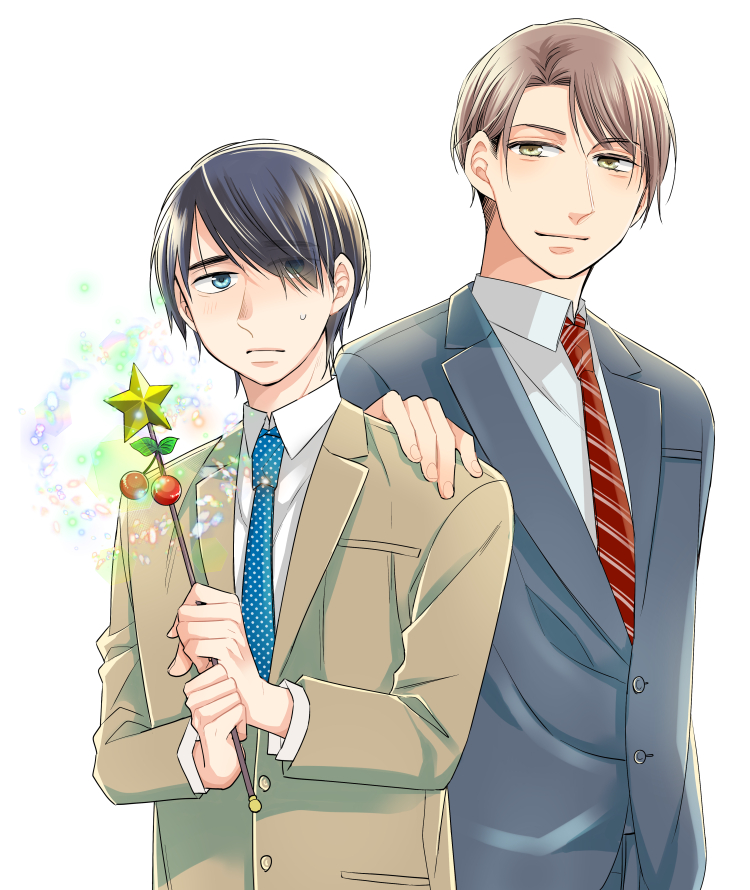 2boys, 30-sai_made_doutei_dato_mahoutsukai_ni_nareru_rashii, adachi_kiyoshi, aegyo_sal, asymmetrical_bangs, black_hair, blazer, blue_eyes