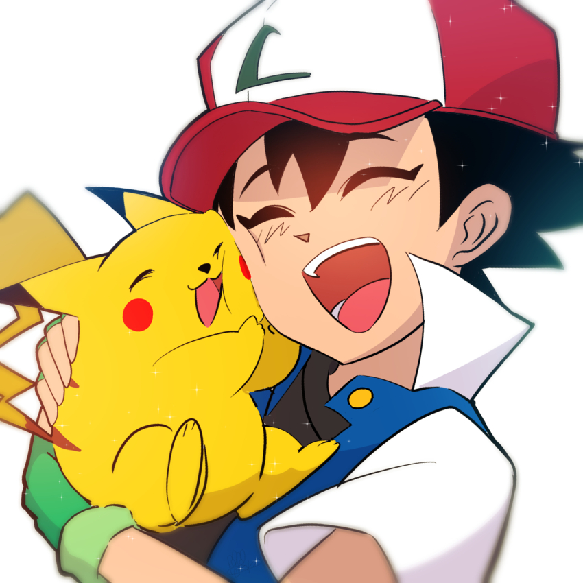 1boy, ash_ketchum, black_hair, black_shirt, closed_eyes, fingerless_gloves, gen_1_pokemon, gloves