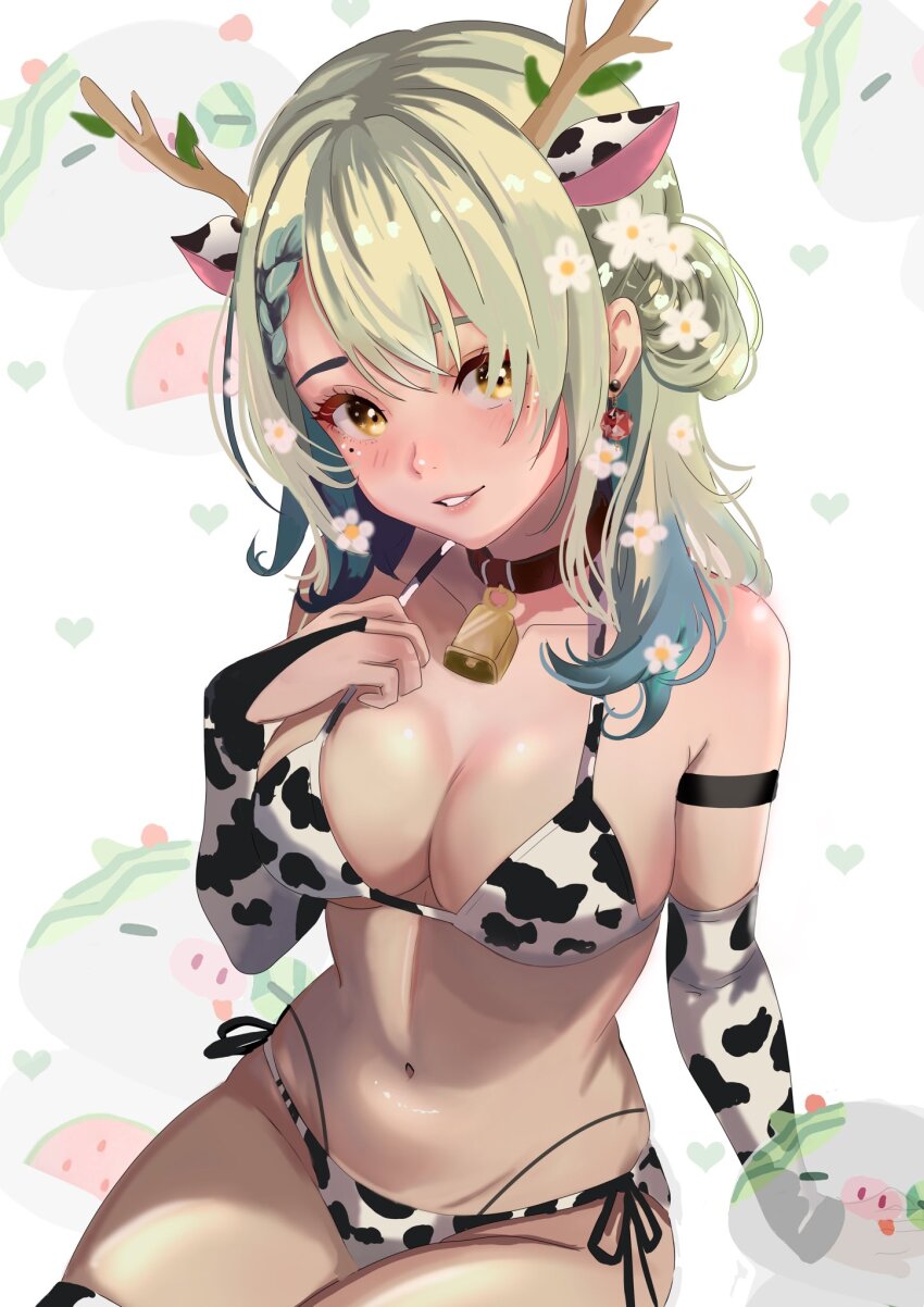 1girl, alternate_costume, animal_ears, animal_print, arm_strap, bell, bikini, braid, braided_bangs, branch, breasts, brown_collar, bubblegumiiarts, ceres_fauna, cleavage, collar, cow_ears, cow_print, cow_print_bikini, cow_print_gloves, cow_print_thighhighs, cowbell, earrings, flower, food, fruit, gloves, green_hair, hair_flower, hair_ornament, heart, highres, hololive, hololive_english, horns, jewelry, long_hair, looking_at_viewer, mole, mole_under_eye, navel, print_bikini, print_gloves, print_thighhighs, sitting, smile, solo, swimsuit, teeth, thighhighs, tree_horns, virtual_youtuber, watermelon, white_background, yellow_eyes