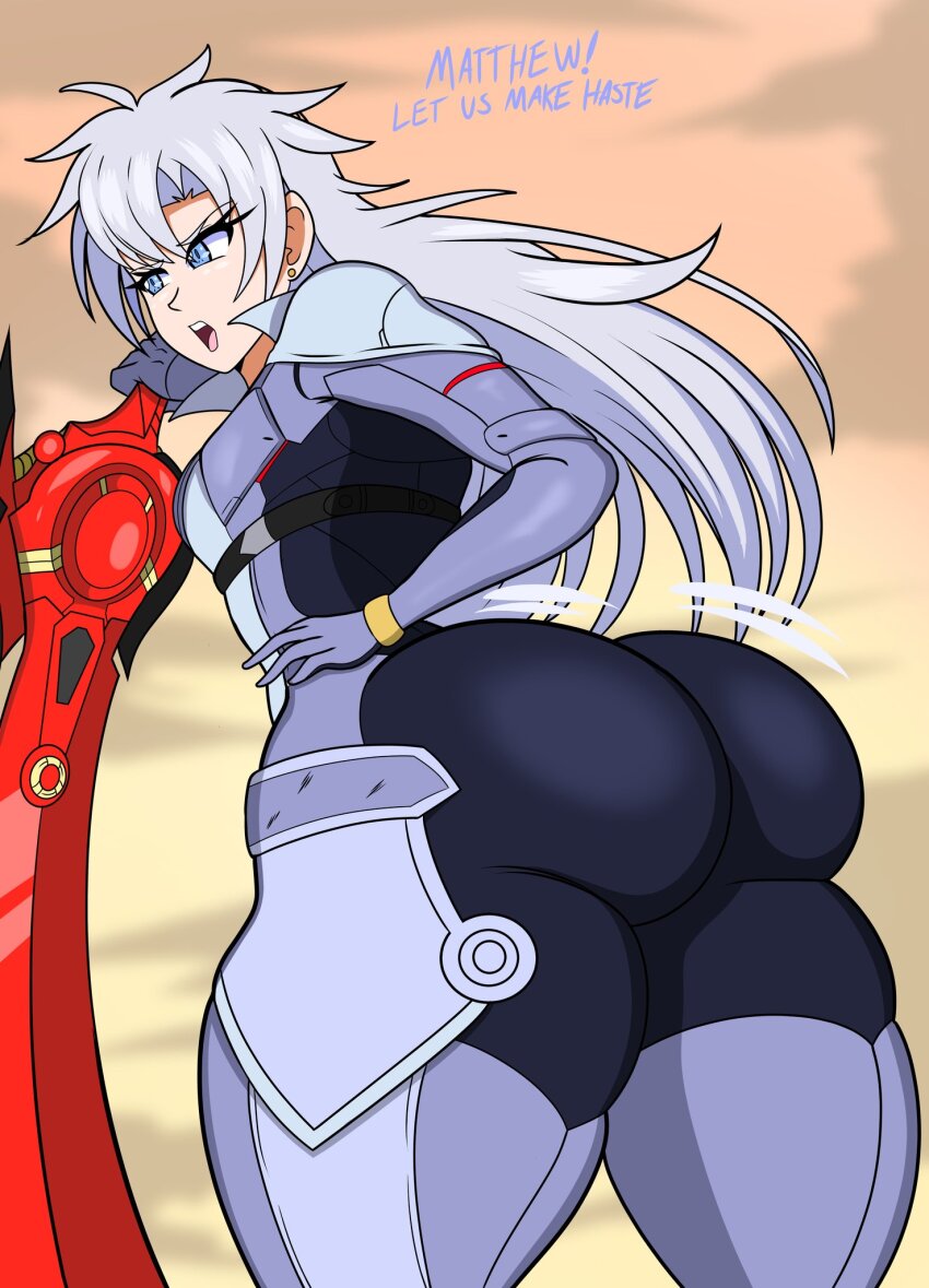 1girl, a_(xenoblade), armor, ass, ass_focus, blue_eyes, bodysuit, from_behind