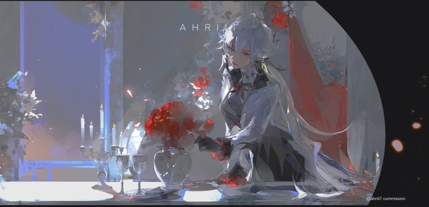 1girl, absurdres, ahriii, arlecchino_(genshin_impact), artist_name, black_hands, candle, candlestand