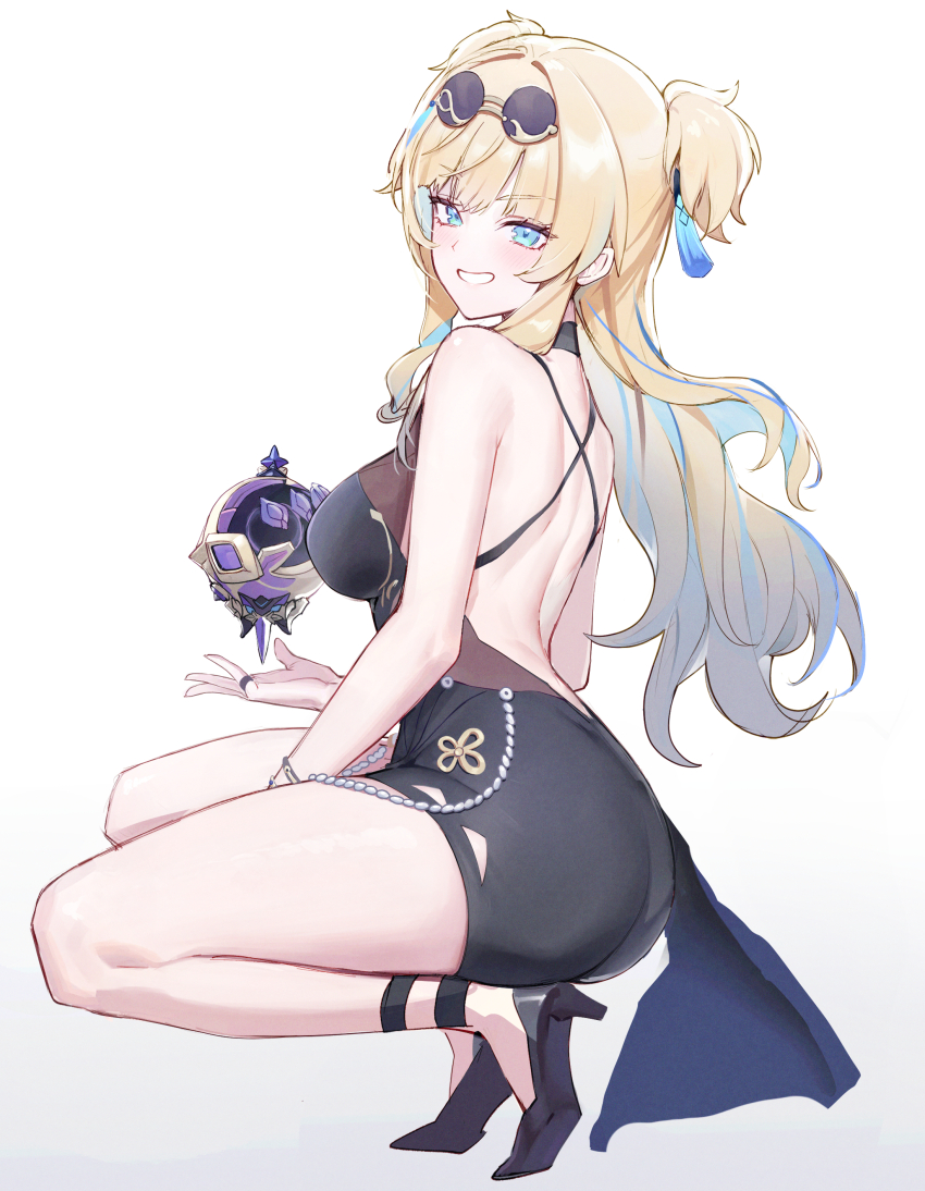 1girl, absurdres, ass, backless_dress, backless_outfit, black_shoes, blonde_hair, blue_eyes