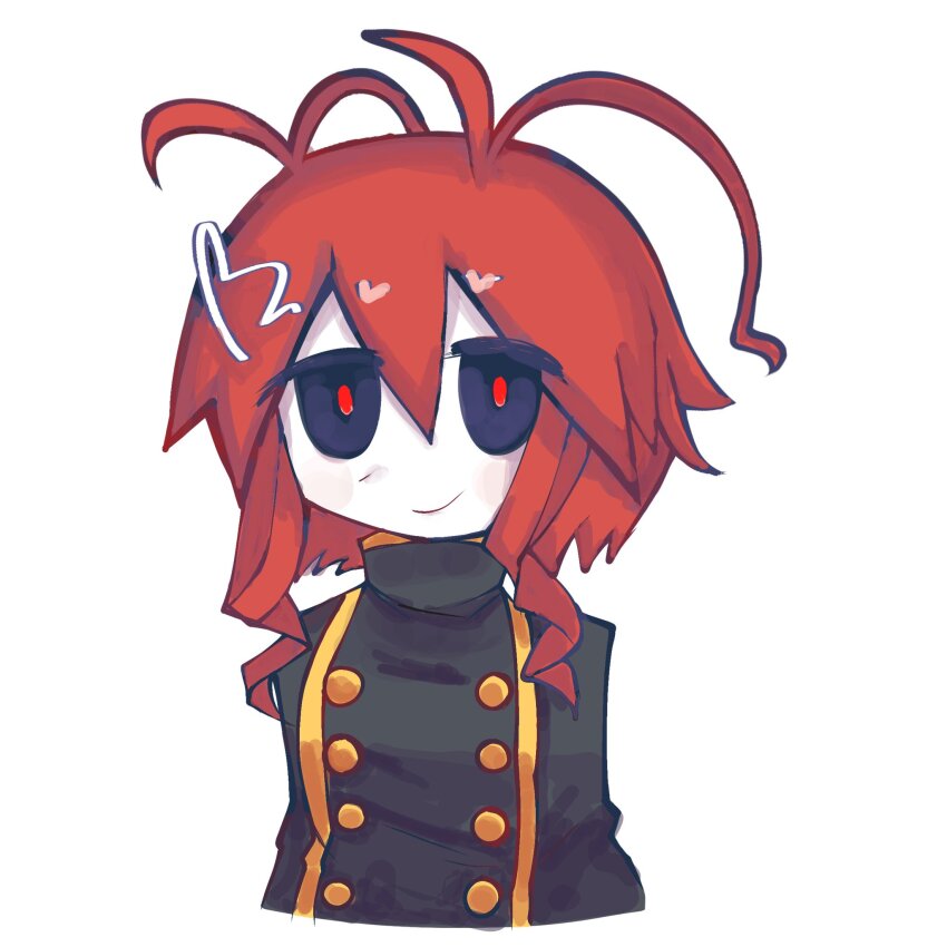 1girl, antenna_hair, black_sclera, blush, buttons, colored_sclera, colored_skin, double-breasted