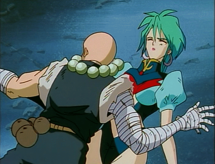 1990s_(style), 1boy, 1girl, animated, animated_gif, anju_(kishin_douji_zenki), bare_legs, biceps, bracelet, breasts, clothing_cutout, earrings, green_eyes, green_hair, highleg, highleg_leotard, hoop_earrings, jewelry, juliet_sleeves, kishin_douji_zenki, leotard, long_sleeves, looking_at_another, medium_breasts, medium_hair, miki_souma, monk, navel_cutout, puffy_sleeves, retro_artstyle, revealing_clothes, see-through_clothes, see-through_leotard, unconscious, wide_hips