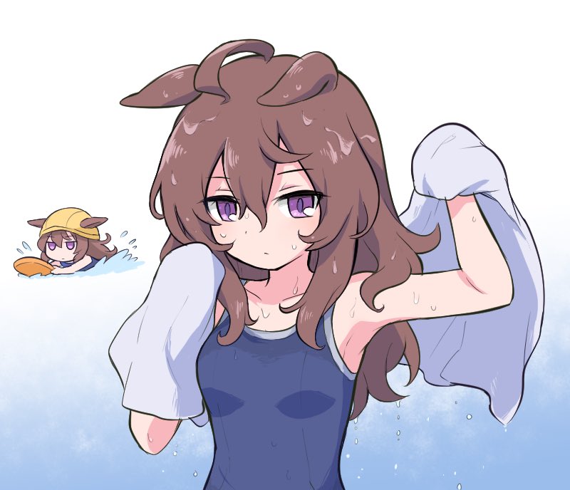 1girl, ahoge, animal_ears, arm_up, breasts, chibi, chibi_inset, closed_mouth