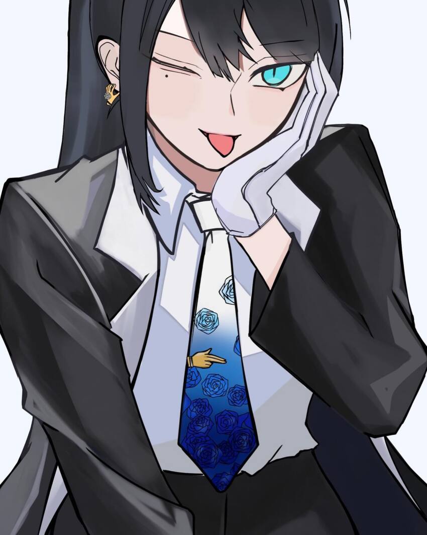 1girl, ado_(utaite), aqua_eyes, black_hair, black_jacket, black_panties, black_suit, blue_background, blue_necktie, chando_(ado), cloud_nine_inc, cowboy_shot, dress_shirt, earrings, eyelashes, floral_print, formal_clothes, gloves, hair_between_eyes, hand_on_own_face, hand_up, highres, ikite2021, jacket, jewelry, lapels, long_bangs, long_hair, mole, mole_under_eye, necktie, notched_lapels, one_eye_closed, open_clothes, open_jacket, panties, print_necktie, shirt, shirt_tucked_in, sidelocks, simple_background, slit_pupils, solo, straight_hair, suit, suit_jacket, swept_bangs, tongue, tongue_out, underwear, utaite, white_gloves, white_shirt