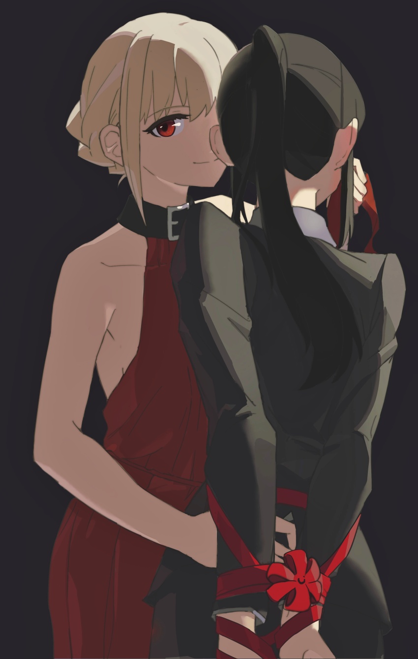 2girls, absurdres, arm_up, back, bare_shoulders, black_suit, blonde_hair, bound, bound_wrists, cleavage_cutout, clothing_cutout, collar, copyright_request, dress, eden_(shengaoneng), formal_clothes, highres, holding, holding_waist, inoue_takina, looking_at_viewer, lycoris_recoil, multiple_girls, nishikigi_chisato, ponytail, red_dress, red_eyes, red_ribbon, ribbon, short_hair, sleeveless, smile, suit, yuri