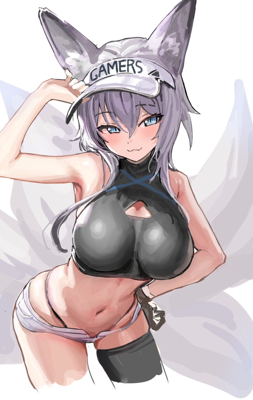 1girl, :3, animal_ears, bare_shoulders, black_gloves, black_shirt, black_thighhighs, blue_eyes