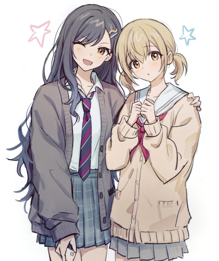 2girls, :o, arm_at_side, azusawa_kohane, black_hair, blonde_hair, blue_hair, blush, brown_cardigan, buttons, cardigan, collared_shirt, commentary_request, cowboy_shot, diagonal-striped_clothes, diagonal-striped_necktie, gradient_hair, grey_cardigan, hair_ornament, hairpin, hand_on_another's_shoulder, hands_up, highres, holding, jangwa_o, kamiyama_high_school_uniform_(project_sekai), korean_commentary, long_hair, long_sleeves, looking_at_viewer, miyamasuzaka_girls'_academy_school_uniform, multicolored_hair, multiple_girls, neckerchief, necktie, one_eye_closed, open_mouth, orange_eyes, plaid_clothes, plaid_skirt, pleated_skirt, pocket, project_sekai, red_neckerchief, sailor_collar, school_uniform, shiraishi_an, shirt, short_twintails, simple_background, skirt, smile, star_(symbol), striped_clothes, twintails, white_background, white_shirt
