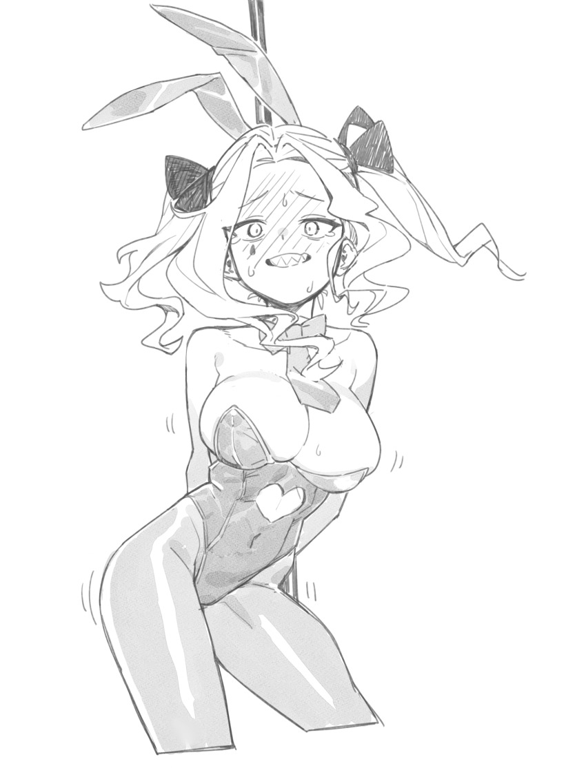 1girl, animal_ears, arms_behind_back, bare_shoulders, blush, breasts, clenched_teeth, clothing_cutout