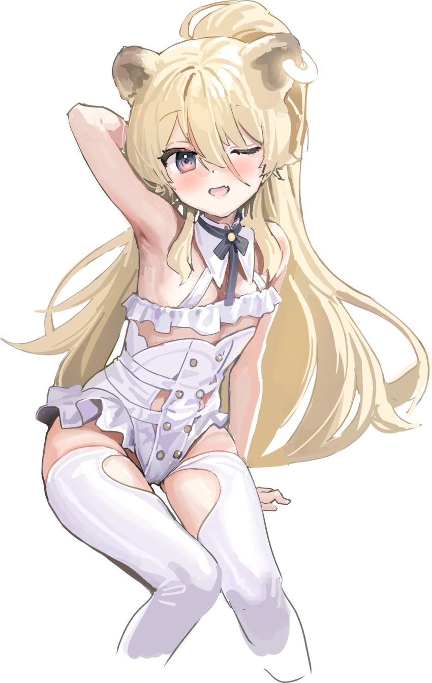 1girl, animal_ears, arm_at_side, arm_behind_head, arm_support, arm_up, armpits, bear_ears, bear_girl, black_ribbon, blonde_hair, blush, clothing_cutout, cropped_legs, dot_nose, dress, earrings, hair_between_eyes, high_ponytail, highres, jewelry, kanzarin, knees_together_feet_apart, long_hair, looking_at_viewer, microdress, neck_ribbon, noripro, one_eye_closed, open_mouth, orange_eyes, pleated_dress, ponytail, regrush_lionheart, ribbon, sidelocks, simple_background, single_earring, smile, solo, thigh_cutout, thighhighs, virtual_youtuber, white_background, white_dress, white_thighhighs