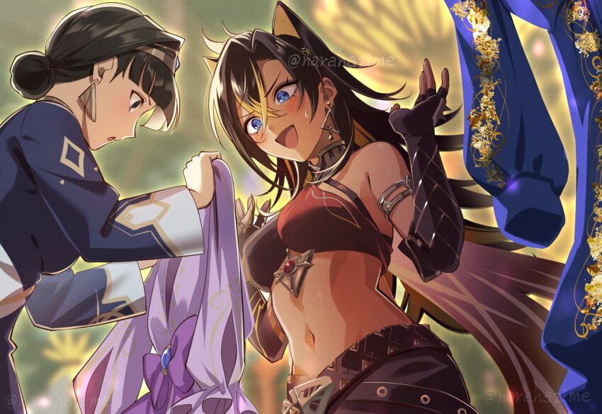 2girls, bare_shoulders, black_hair, blonde_hair, blue_eyes, blush, breasts, brown_hair, crossed_bangs, dark-skinned_female, dark_skin, dehya_(genshin_impact), dress, dunyarzad_(genshin_impact), earrings, embarrassed, genshin_impact, hair_between_eyes, highres, jewelry, long_hair, medium_breasts, multicolored_hair, multiple_girls, narahazime, navel, stomach, streaked_hair, sweatdrop, watermark, watermark_grid