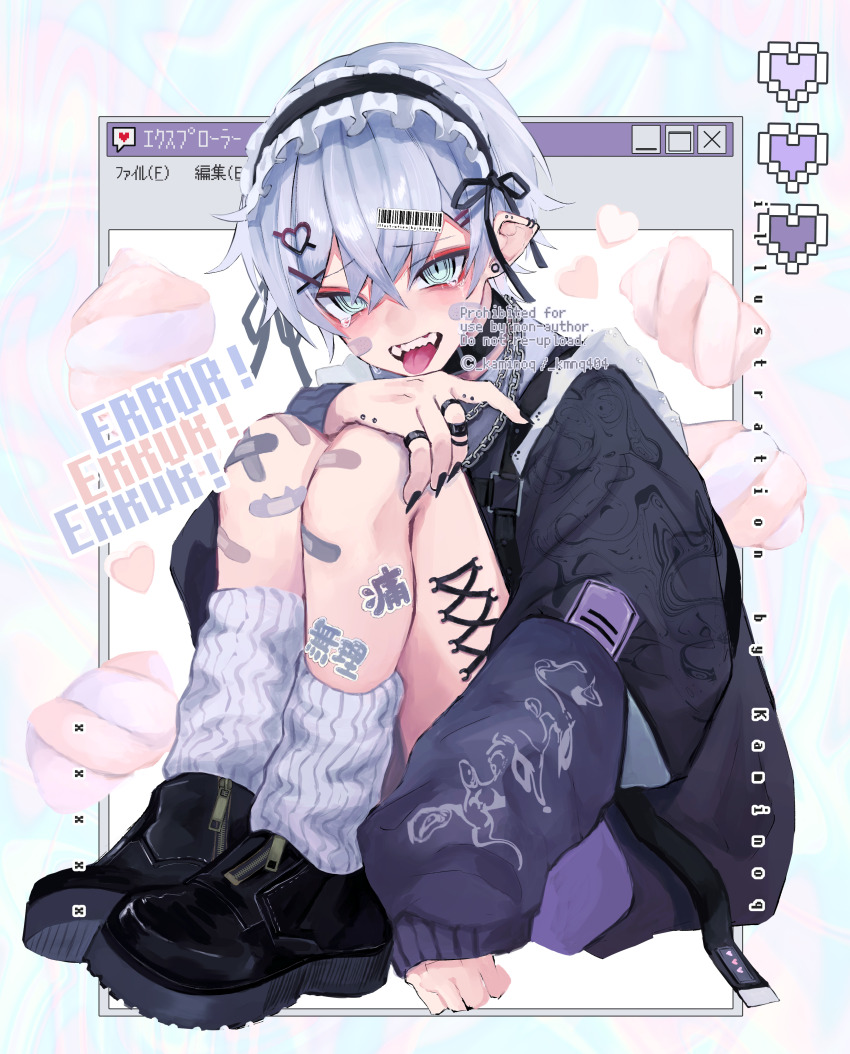 1boy, absurdres, aegyo_sal, aqua_eyes, bandaid, bandaid_on_face, bandaid_on_leg, barcode