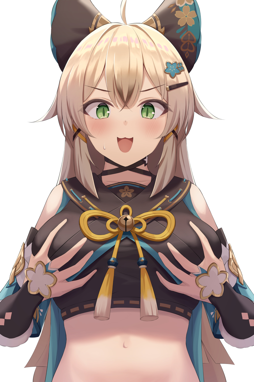 1girl, ahoge, animal_ears, blush, breasts, cat_ears, cat_girl, fuka_kurotsuji, genshin_impact, grabbing_own_breast, green_eyes, hair_ornament, hair_ribbon, hairclip, hands_on_own_chest, highres, kirara_(genshin_impact), large_breasts, light_brown_hair, long_hair, midriff, navel, open_mouth, ribbon, simple_background, slit_pupils, smile, solo, wavy_mouth, white_background