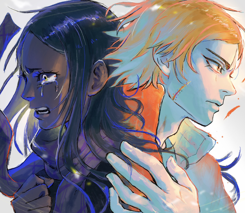 1boy, 1girl, black_hair, blonde_hair, brother_and_sister, clenched_hand, crying, crying_with_eyes_open, dark-skinned_female, dark_skin, dogsred, fuji_(dmzu4833), highres, long_hair, purple_scarf, scar, scar_on_face, scarf, shirakawa_haruna, shirakawa_rou, siblings, tears, yellow_eyes