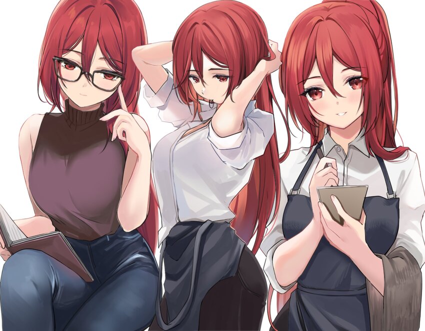 1girl, adjusting_hair, apron, arms_up, bare_shoulders, black-framed_eyewear, black_apron, black_shirt