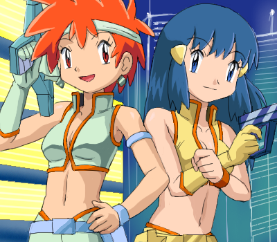 1980s_(style), 2girls, blue_eyes, blue_hair, breasts, cleavage, cosplay, crossover, dawn_(pokemon), dirty_pair, earrings, gloves, gun, headband, jewelry, kei_(dirty_pair), kei_(dirty_pair)_(cosplay), latex, lowres, multiple_girls, nintendo, oldschool, pokemoa, pokemon, red_eyes, red_hair, retro_artstyle, source_request, weapon, yuri_(dirty_pair), yuri_(dirty_pair)_(cosplay), zoey_(pokemon)