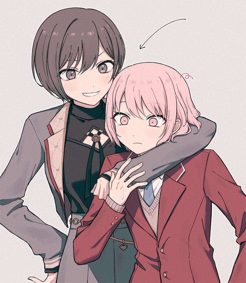 1girl, 1other, aged_down, akiyama_mizuki, akiyama_mizuki_(middle_school), androgynous, arm_around_neck, arrow_(symbol)