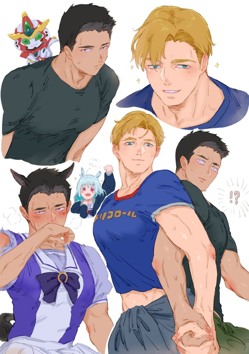 1girl, 2boys, alternate_costume, ao_isami, back-to-back, bara, black_hair, blonde_hair