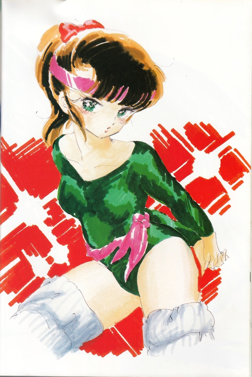 1980s_(style), 1girl, abstract_background, bandana, brown_hair, collarbone, cream_lemon, green_eyes