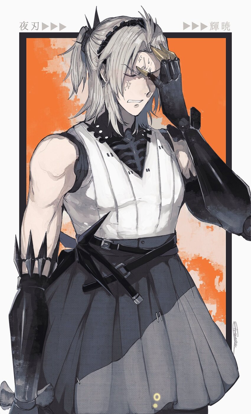 1boy, ahoge, anger_vein, bare_shoulders, belt, black_belt, black_dress, black_hairband