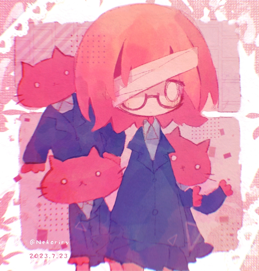 3-nen_c-gumi_14-ban_kubozono_chiyoko_no_nyuukaku_(vocaloid), 4girls, animal, arms_at_sides, artist_name, bandage_over_one_eye, behind_another, blue_jacket