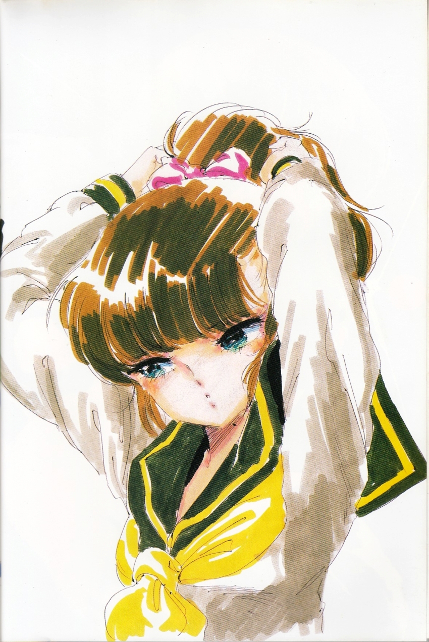 1980s_(style), 1girl, bow, brown_hair, cream_lemon, green_eyes, hair_bow, half-closed_eyes