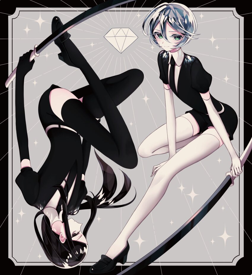 1boy, 1girl, andou_rei, ao_(ao0_0nemu), bad_id, bad_twitter_id, black_border, black_footwear