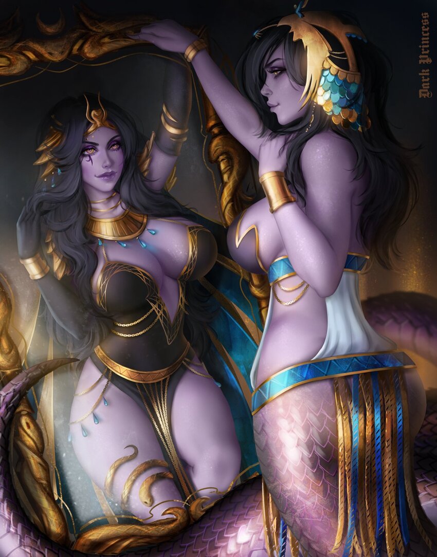 1girl, arm_up, armor, artist_name, black_dress, black_gloves, black_hair, bracelet