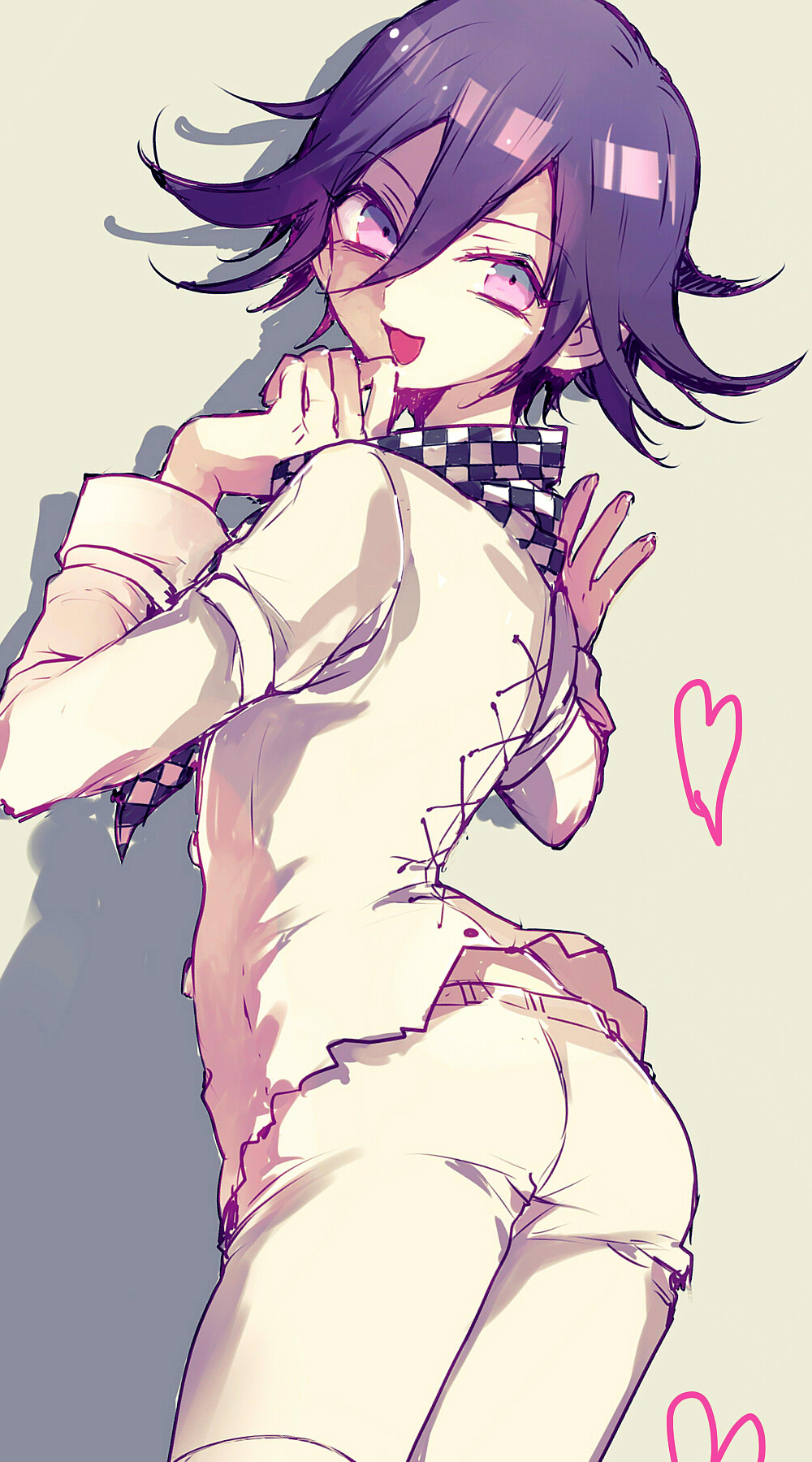 1boy, ass, checkered_clothes, checkered_scarf, cross-laced_clothes, danganronpa_(series), danganronpa_v3:_killing_harmony, flipped_hair