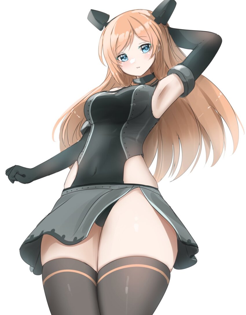 1girl, black_gloves, black_one-piece_swimsuit, blue_eyes, competition_swimsuit, elbow_gloves, gloves, grey_skirt