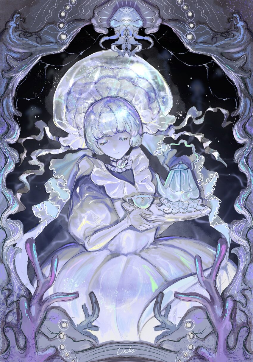 1girl, apron, blunt_bangs, choker, closed_eyes, closed_mouth, cookie_run, cookie_run:_kingdom, coral, cowboy_shot, cup, eyelashes, frilled_apron, frilled_choker, frilled_jellyfish_cookie, frills, highres, holding, holding_plate, jellyfish, jellyfish_girl, light_smile, mei_mezu, plate, short_hair, teacup, teapot, white_apron, white_hair